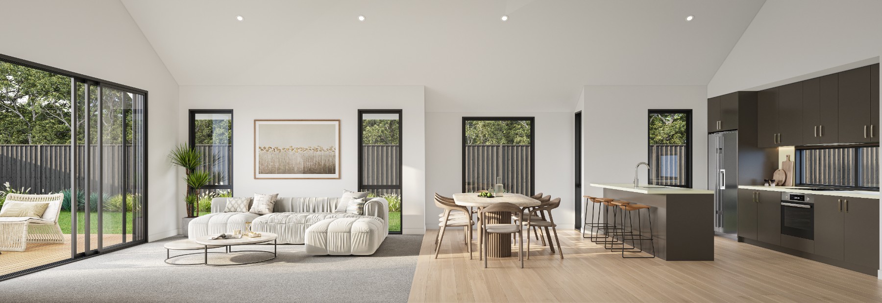 Open-plan living and kitchen, north-facing